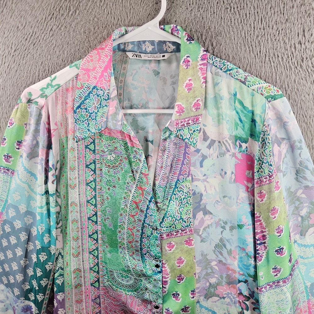 Zara Womens XL Patchwork Paisley Floral Print Button Down Shirt Multi Color - Picture 3 of 9